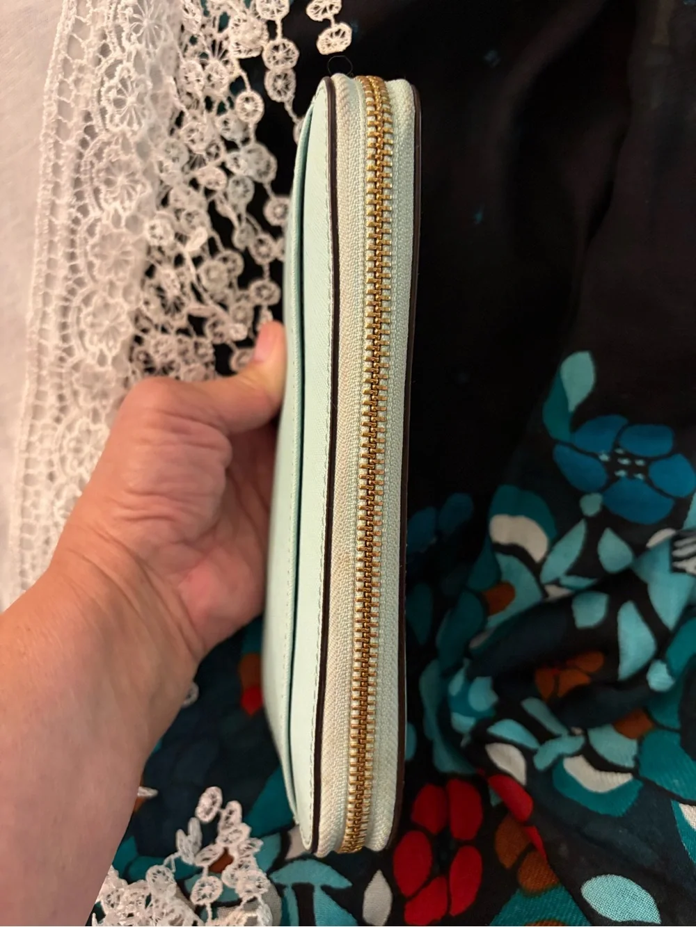 kate spade pale Mint  zip-around wallet with gold logo
